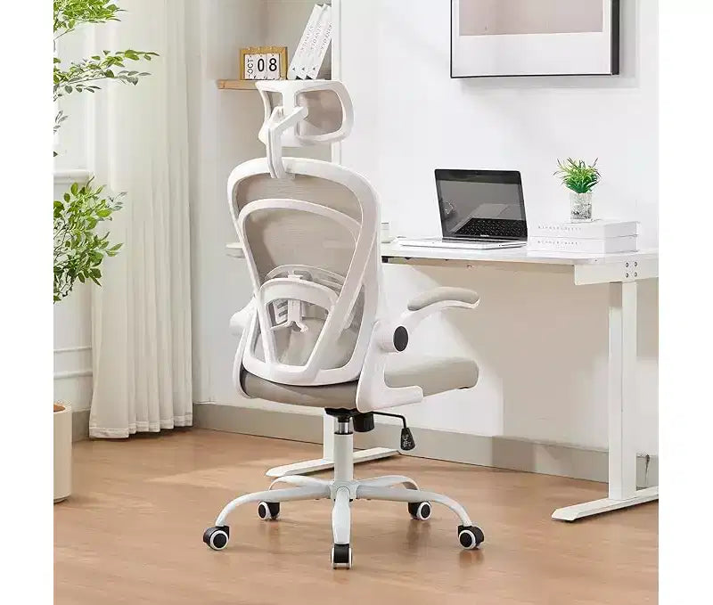 Ergonomic High-Back Mesh Office Chair Turn-Up Armrests, Headrest, Swivel Executive Computer Desk Chair for Home Office, Bedroom, or Study