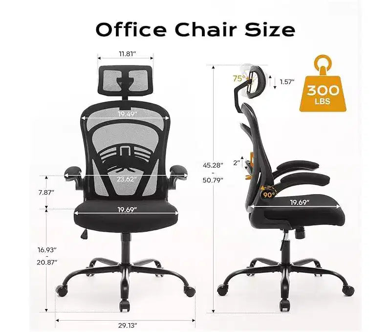 Ergonomic High-Back Mesh Office Chair Turn-Up Armrests, Headrest, Swivel Executive Computer Desk Chair for Home Office, Bedroom, or Study