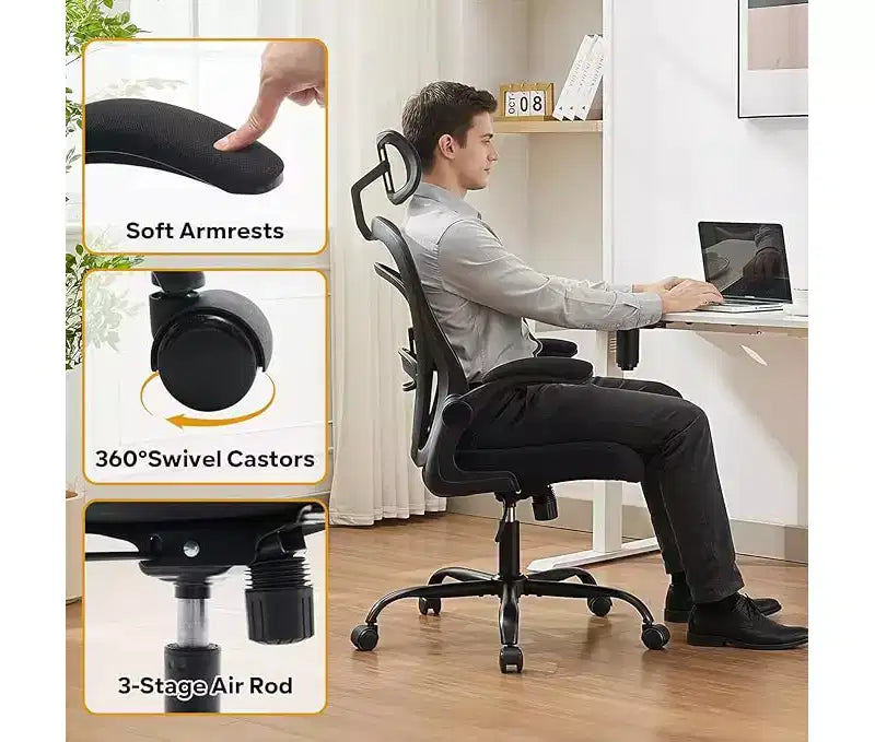 Ergonomic High-Back Mesh Office Chair Turn-Up Armrests, Headrest, Swivel Executive Computer Desk Chair for Home Office, Bedroom, or Study