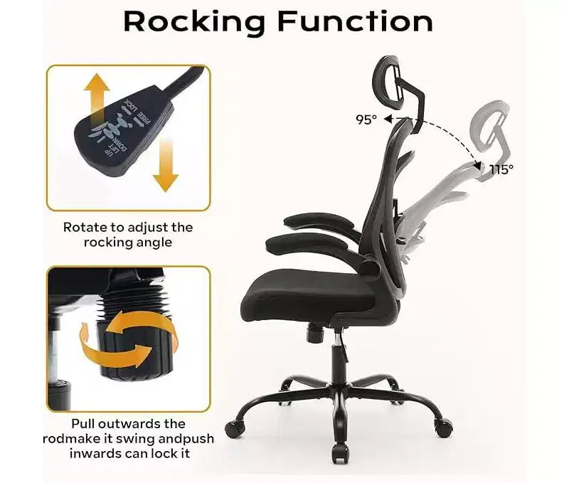 Ergonomic High-Back Mesh Office Chair Turn-Up Armrests, Headrest, Swivel Executive Computer Desk Chair for Home Office, Bedroom, or Study