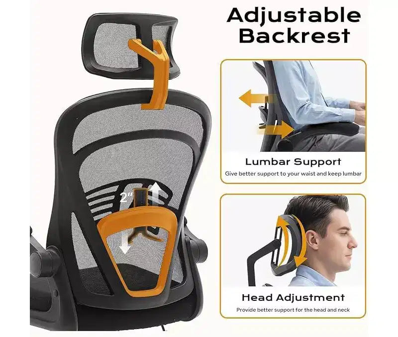 Ergonomic High-Back Mesh Office Chair Turn-Up Armrests, Headrest, Swivel Executive Computer Desk Chair for Home Office, Bedroom, or Study