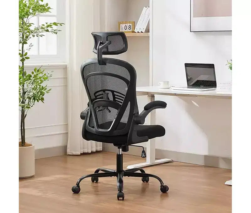 Ergonomic High-Back Mesh Office Chair Turn-Up Armrests, Headrest, Swivel Executive Computer Desk Chair for Home Office, Bedroom, or Study