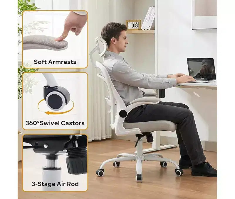 Ergonomic High-Back Mesh Office Chair Turn-Up Armrests, Headrest, Swivel Executive Computer Desk Chair for Home Office, Bedroom, or Study