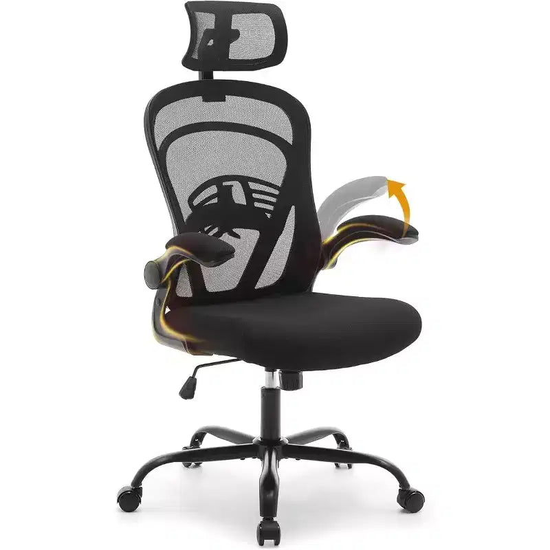 Ergonomic High-Back Mesh Office Chair Turn-Up Armrests, Headrest, Swivel Executive Computer Desk Chair for Home Office, Bedroom, or Study