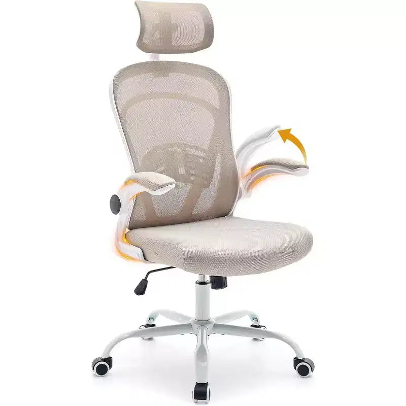 Ergonomic High-Back Mesh Office Chair Turn-Up Armrests, Headrest, Swivel Executive Computer Desk Chair for Home Office, Bedroom, or Study