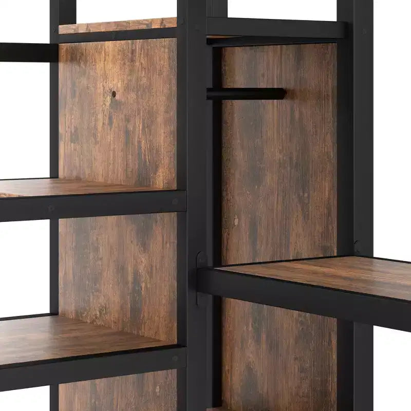 Bellemave Queen Loft Bed with Desk & Wardrobe, Metal Frame, Storage Stairs, USB & LED Lights, Space-Saving Loft Bed, Wood Grain Finish