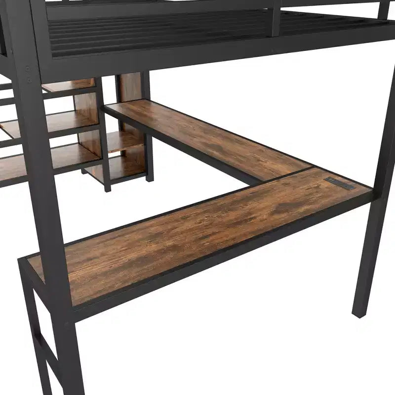 Bellemave Queen Loft Bed with Desk & Wardrobe, Metal Frame, Storage Stairs, USB & LED Lights, Space-Saving Loft Bed, Wood Grain Finish