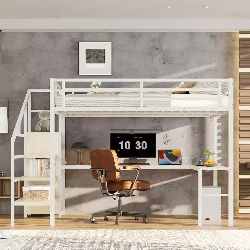 Bellemave Queen Loft Bed with Desk & Wardrobe, Metal Frame, Storage Stairs, USB & LED Lights, Space-Saving Loft Bed, Wood Grain Finish