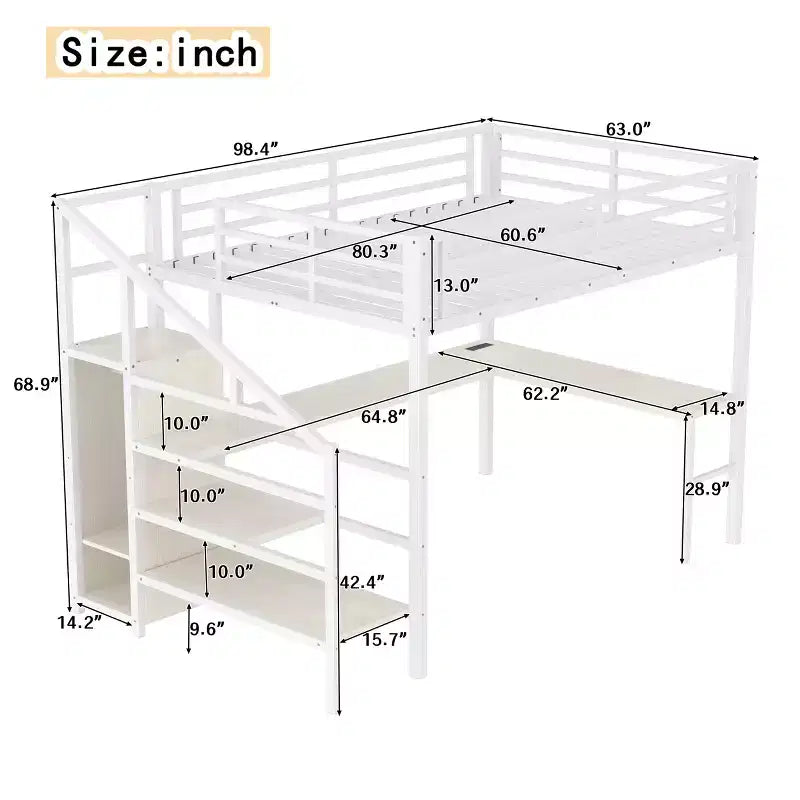 Bellemave Queen Loft Bed with Desk & Wardrobe, Metal Frame, Storage Stairs, USB & LED Lights, Space-Saving Loft Bed, Wood Grain Finish