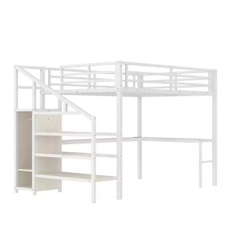 Bellemave Queen Loft Bed with Desk & Wardrobe, Metal Frame, Storage Stairs, USB & LED Lights, Space-Saving Loft Bed, Wood Grain Finish