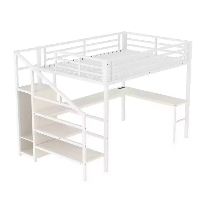 Bellemave Queen Loft Bed with Desk & Wardrobe, Metal Frame, Storage Stairs, USB & LED Lights, Space-Saving Loft Bed, Wood Grain Finish