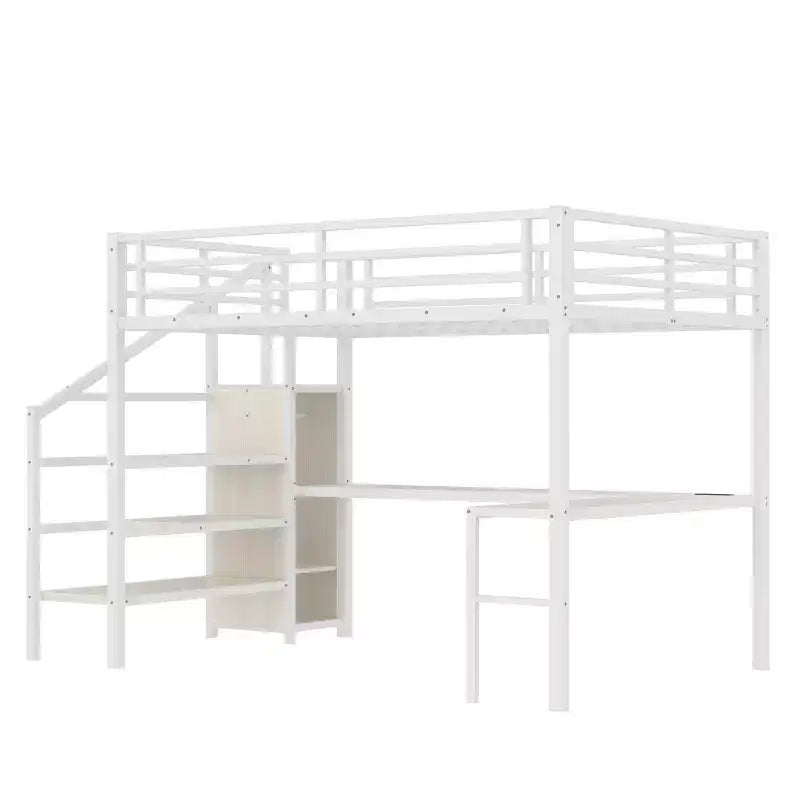 Bellemave Queen Loft Bed with Desk & Wardrobe, Metal Frame, Storage Stairs, USB & LED Lights, Space-Saving Loft Bed, Wood Grain Finish
