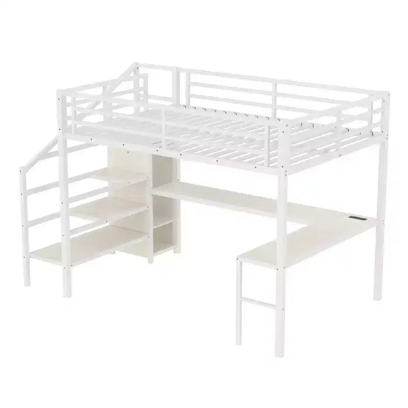 Bellemave Queen Loft Bed with Desk & Wardrobe, Metal Frame, Storage Stairs, USB & LED Lights, Space-Saving Loft Bed, Wood Grain Finish