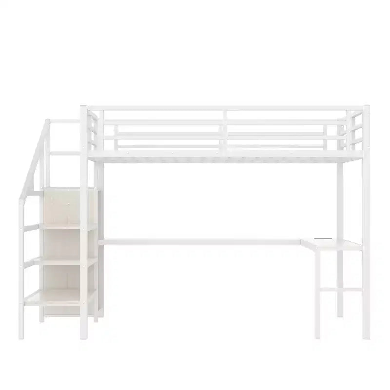 Bellemave Queen Loft Bed with Desk & Wardrobe, Metal Frame, Storage Stairs, USB & LED Lights, Space-Saving Loft Bed, Wood Grain Finish