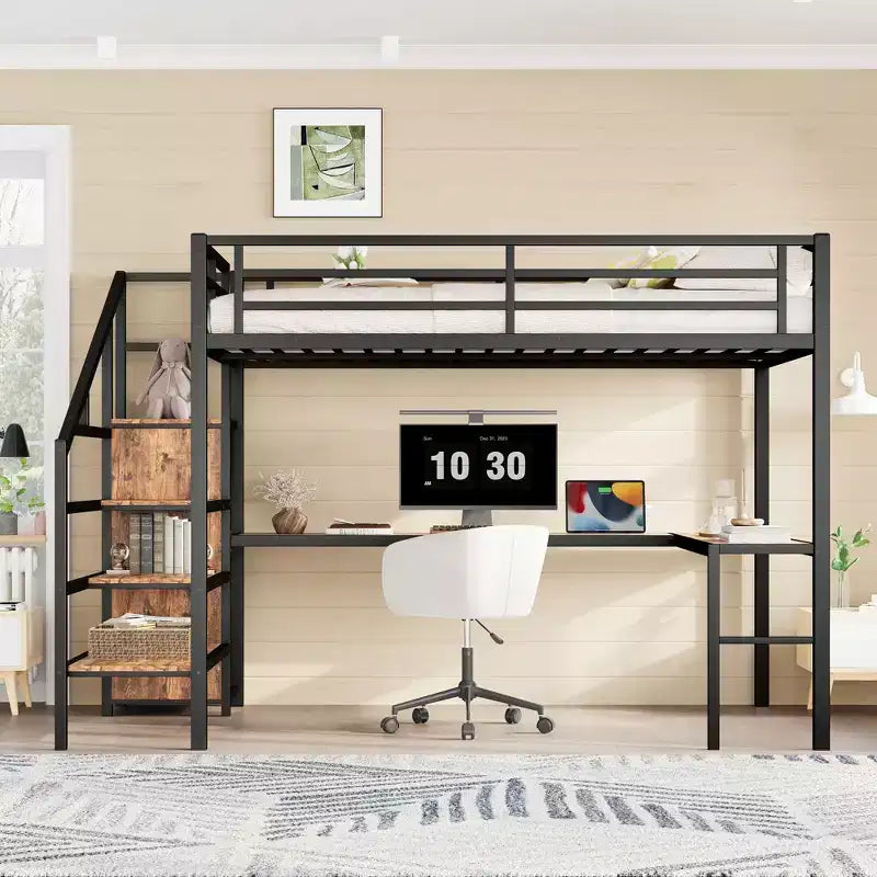 Bellemave Queen Loft Bed with Desk & Wardrobe, Metal Frame, Storage Stairs, USB & LED Lights, Space-Saving Loft Bed, Wood Grain Finish