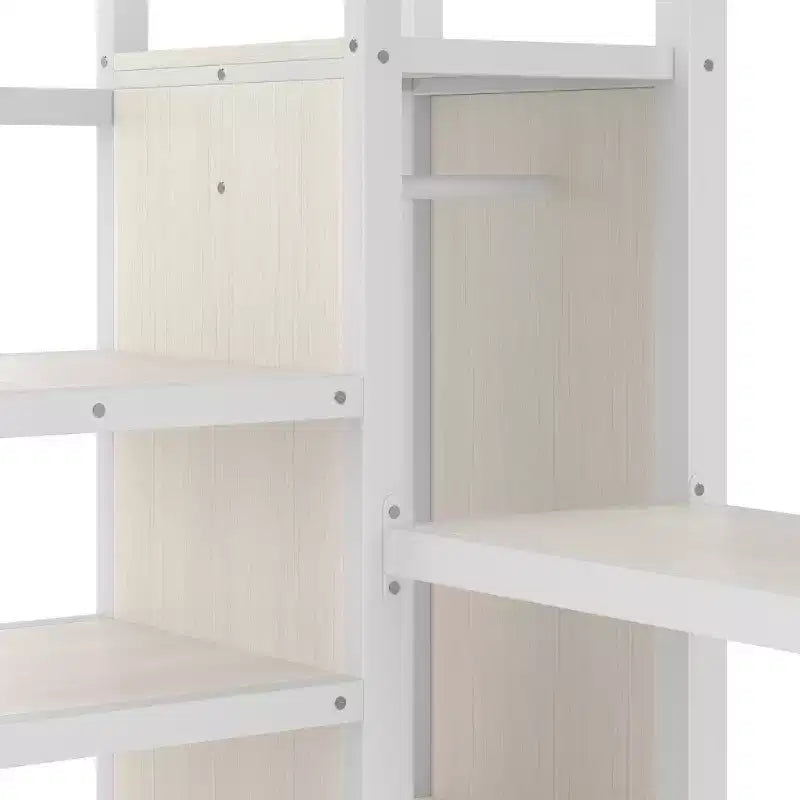 Bellemave Queen Loft Bed with Desk & Wardrobe, Metal Frame, Storage Stairs, USB & LED Lights, Space-Saving Loft Bed, Wood Grain Finish