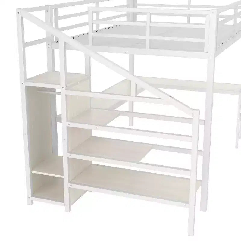 Bellemave Queen Loft Bed with Desk & Wardrobe, Metal Frame, Storage Stairs, USB & LED Lights, Space-Saving Loft Bed, Wood Grain Finish