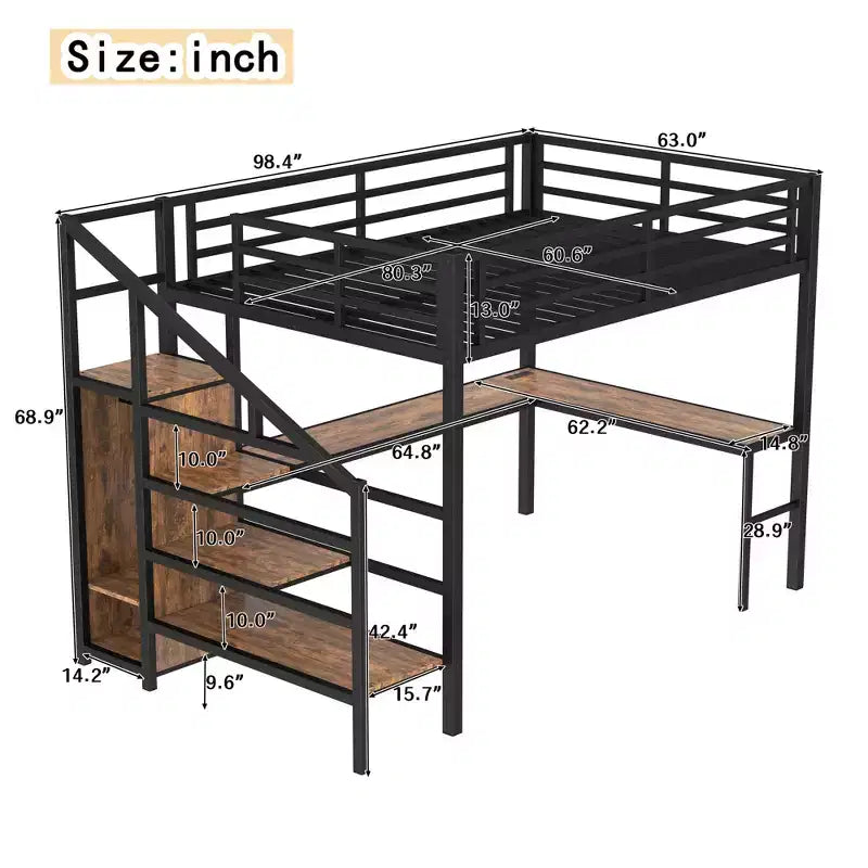 Bellemave Queen Loft Bed with Desk & Wardrobe, Metal Frame, Storage Stairs, USB & LED Lights, Space-Saving Loft Bed, Wood Grain Finish