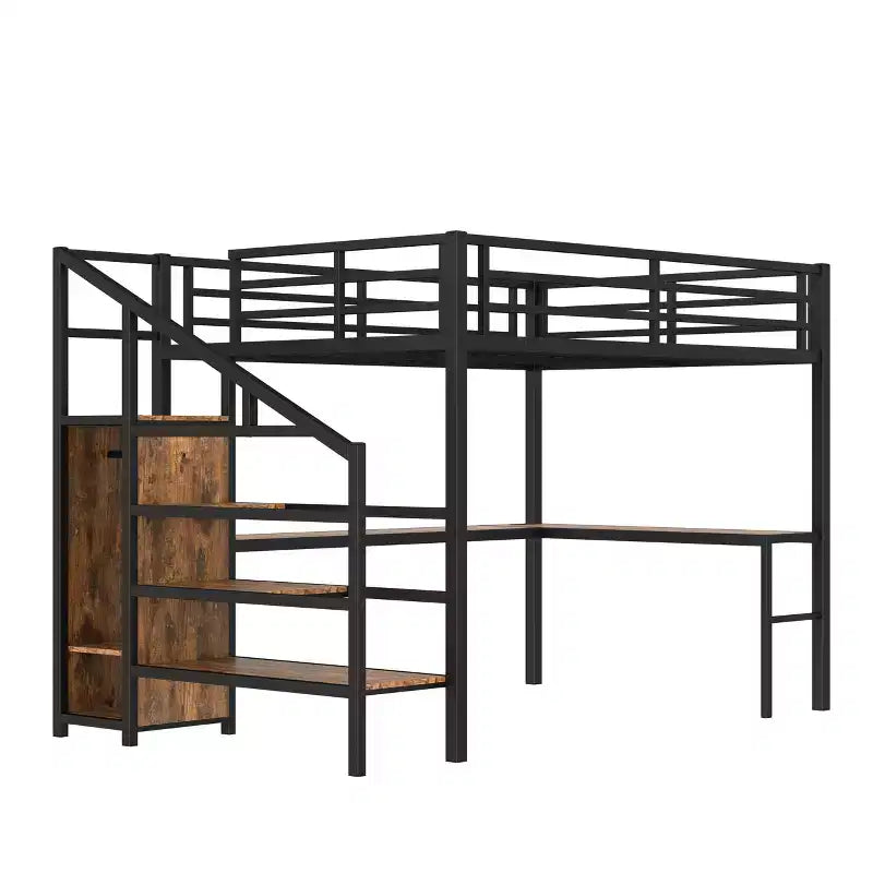 Bellemave Queen Loft Bed with Desk & Wardrobe, Metal Frame, Storage Stairs, USB & LED Lights, Space-Saving Loft Bed, Wood Grain Finish