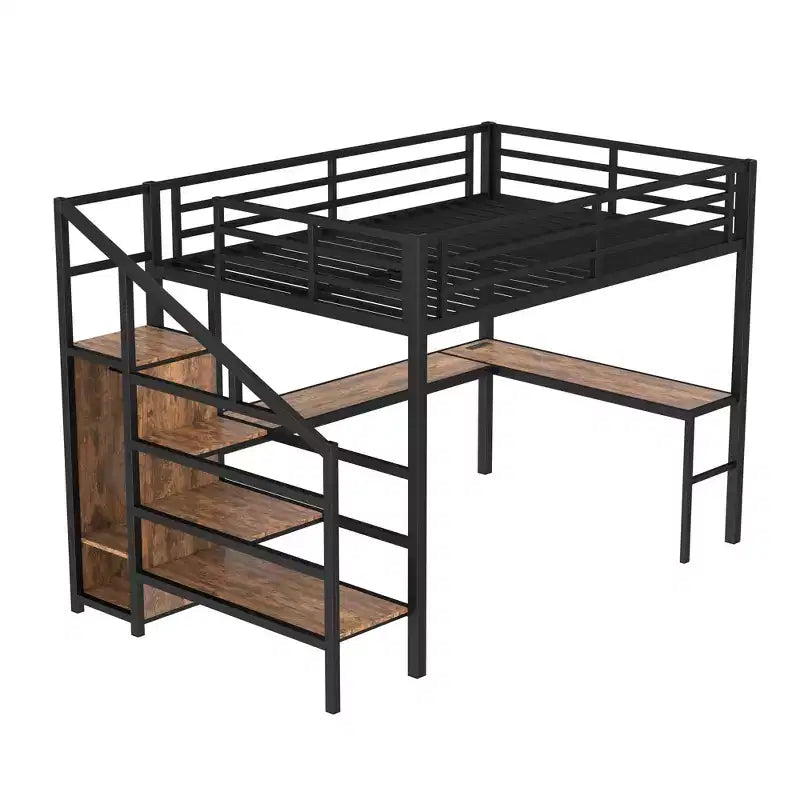 Bellemave Queen Loft Bed with Desk & Wardrobe, Metal Frame, Storage Stairs, USB & LED Lights, Space-Saving Loft Bed, Wood Grain Finish