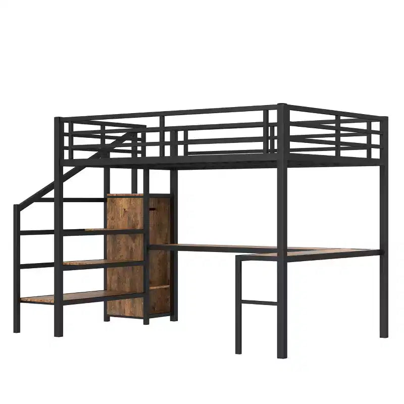 Bellemave Queen Loft Bed with Desk & Wardrobe, Metal Frame, Storage Stairs, USB & LED Lights, Space-Saving Loft Bed, Wood Grain Finish