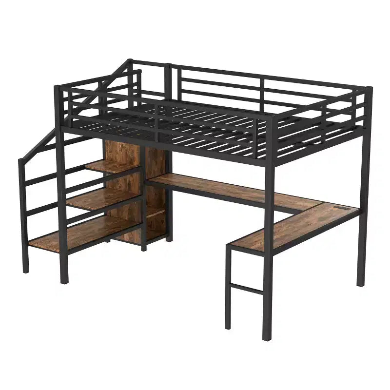 Bellemave Queen Loft Bed with Desk & Wardrobe, Metal Frame, Storage Stairs, USB & LED Lights, Space-Saving Loft Bed, Wood Grain Finish