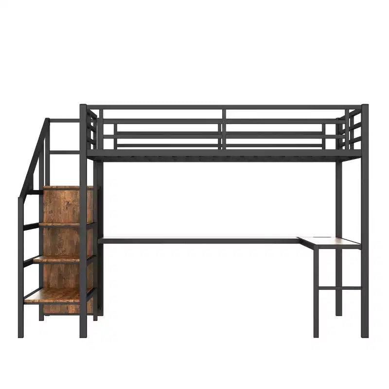 Bellemave Queen Loft Bed with Desk & Wardrobe, Metal Frame, Storage Stairs, USB & LED Lights, Space-Saving Loft Bed, Wood Grain Finish
