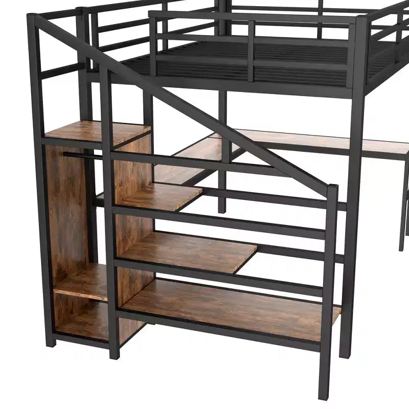 Bellemave Queen Loft Bed with Desk & Wardrobe, Metal Frame, Storage Stairs, USB & LED Lights, Space-Saving Loft Bed, Wood Grain Finish