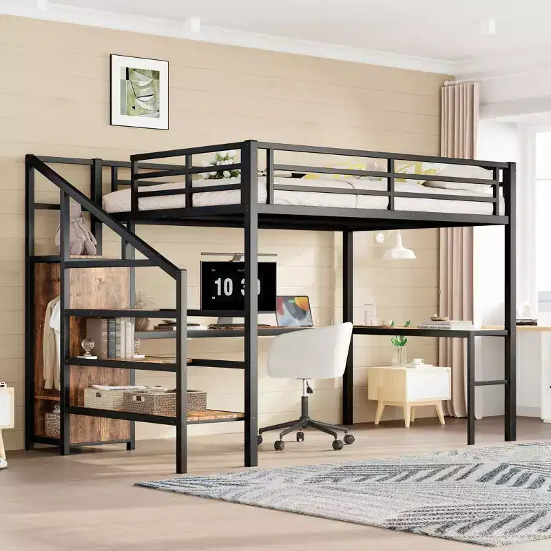 Bellemave Queen Loft Bed with Desk & Wardrobe, Metal Frame, Storage Stairs, USB & LED Lights, Space-Saving Loft Bed, Wood Grain Finish