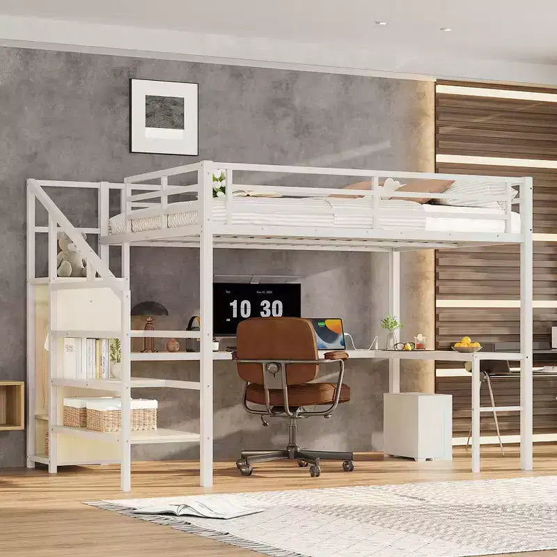 Bellemave Queen Loft Bed with Desk & Wardrobe, Metal Frame, Storage Stairs, USB & LED Lights, Space-Saving Loft Bed, Wood Grain Finish
