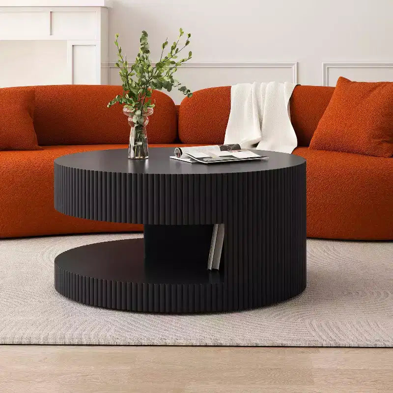 MAYEERTY 31.5 Round Coffee Table Modern Center Table with Storage Vertical Stripe Coffee Table for Living Room Black