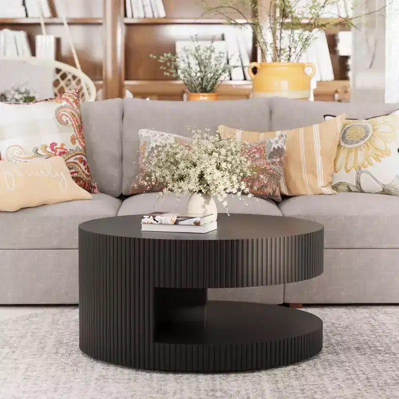 MAYEERTY 31.5 Round Coffee Table Modern Center Table with Storage Vertical Stripe Coffee Table for Living Room Black