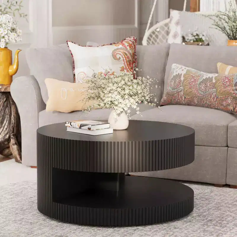 MAYEERTY 31.5 Round Coffee Table Modern Center Table with Storage Vertical Stripe Coffee Table for Living Room Black