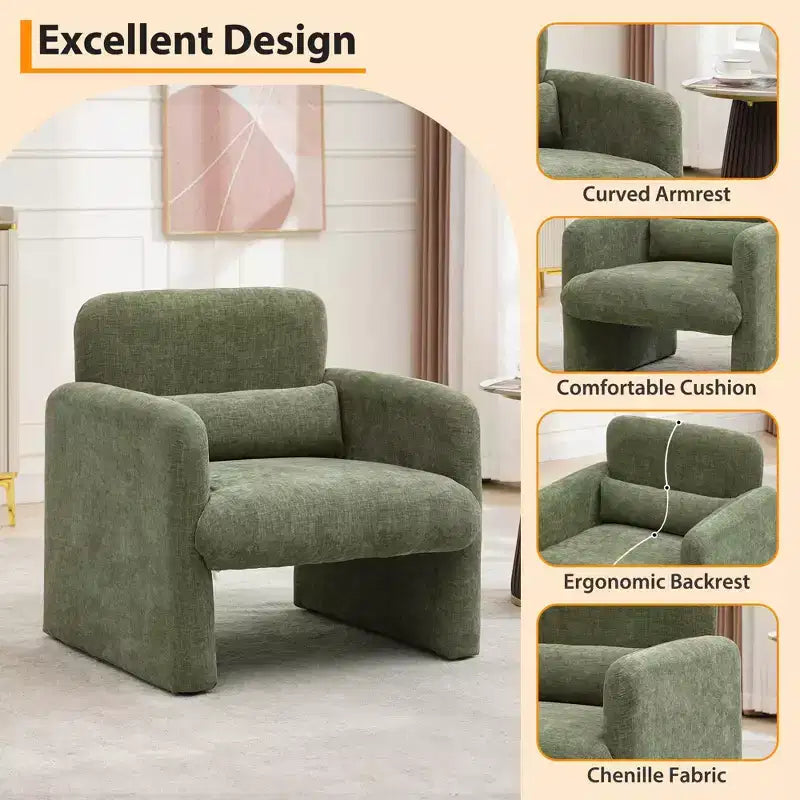 Chenille Upholstered Accent Armchair with Lumbar Pillow Modern Cozy Lounge Chair for Living Room, Bedroom, Office, or Apartment