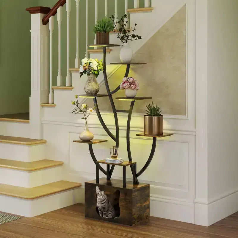 8-Tier Tall Bookshelf with LED Light Artistically Designed Tree Bookshelf with Cats Litter Box Unique Bookshelves Corner Display Shelf