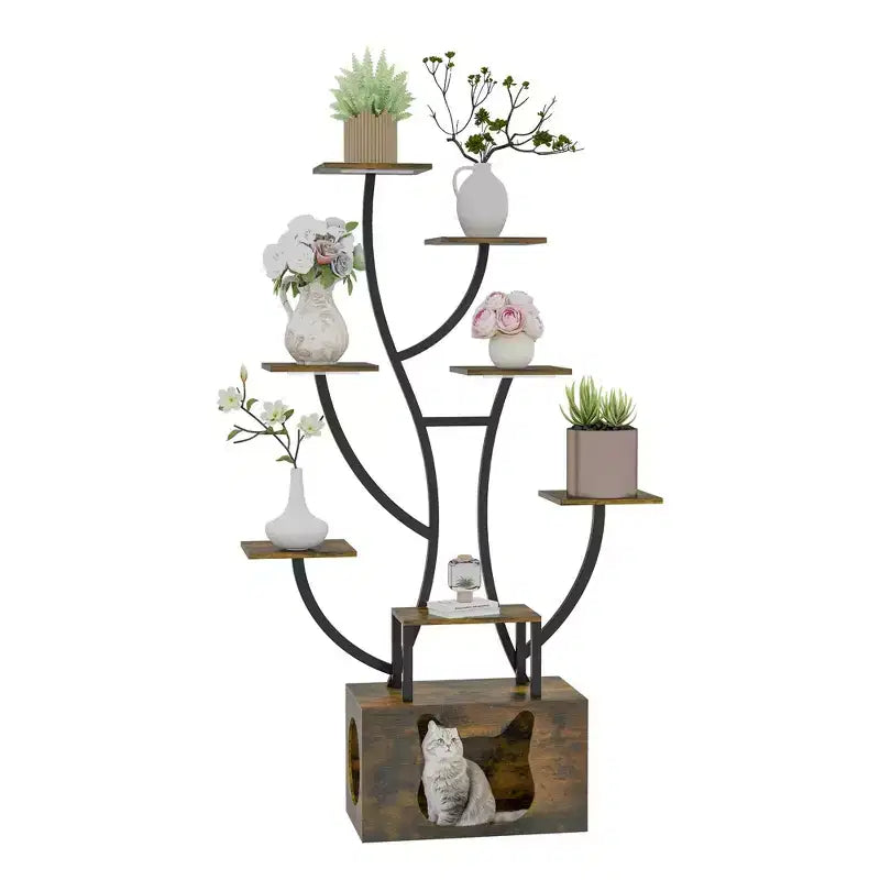 8-Tier Tall Bookshelf with LED Light Artistically Designed Tree Bookshelf with Cats Litter Box Unique Bookshelves Corner Display Shelf