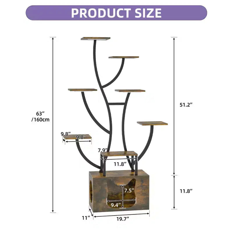 8-Tier Tall Bookshelf with LED Light Artistically Designed Tree Bookshelf with Cats Litter Box Unique Bookshelves Corner Display Shelf