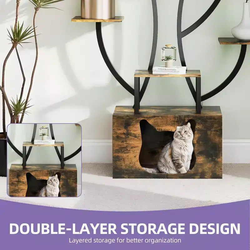 8-Tier Tall Bookshelf with LED Light Artistically Designed Tree Bookshelf with Cats Litter Box Unique Bookshelves Corner Display Shelf