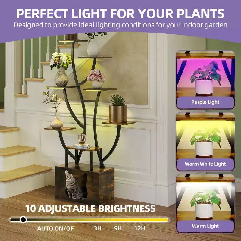 8-Tier Tall Bookshelf with LED Light Artistically Designed Tree Bookshelf with Cats Litter Box Unique Bookshelves Corner Display Shelf
