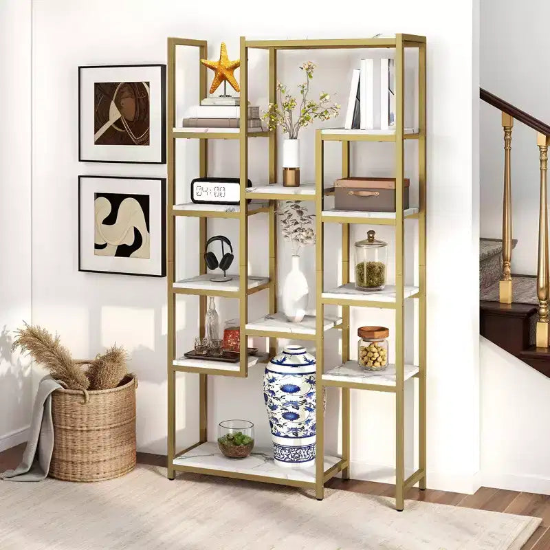 6 Tier Bookshelf Tall Modern Free Standing Bookcase with 12 Shelf Open Display Shelf Storage Book Gold