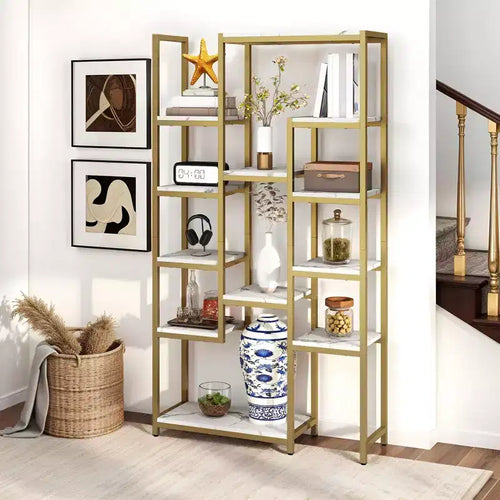 6 Tier Bookshelf Tall Modern Free Standing Bookcase with 12 Shelf Open Display Shelf Storage Book Gold
