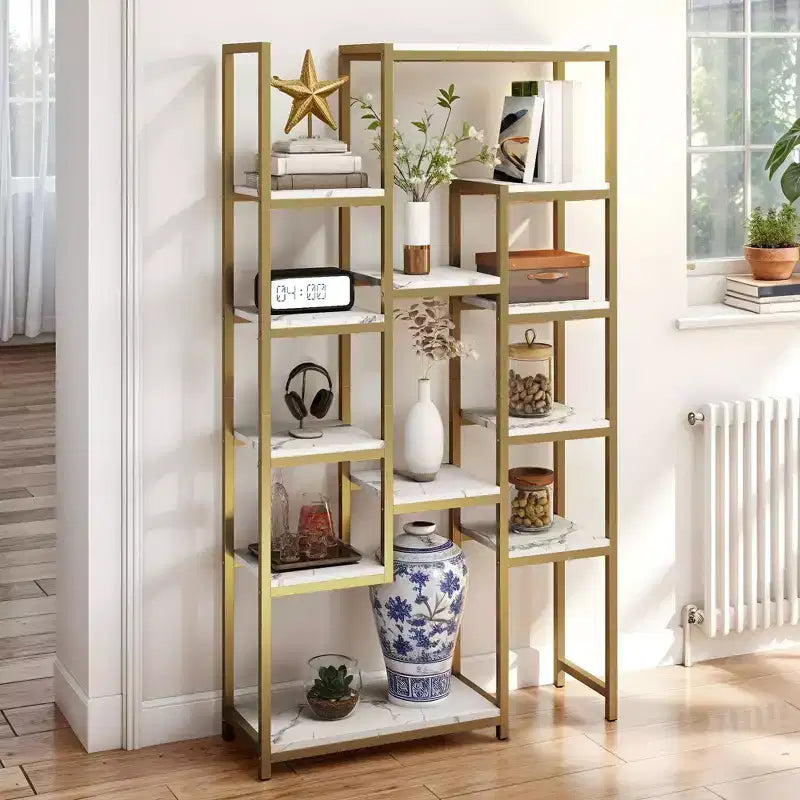6 Tier Bookshelf Tall Modern Free Standing Bookcase with 12 Shelf Open Display Shelf Storage Book Gold