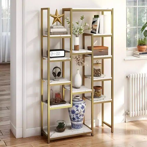 6 Tier Bookshelf Tall Modern Free Standing Bookcase with 12 Shelf Open Display Shelf Storage Book Gold
