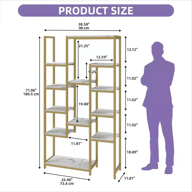 6 Tier Bookshelf Tall Modern Free Standing Bookcase with 12 Shelf Open Display Shelf Storage Book Gold