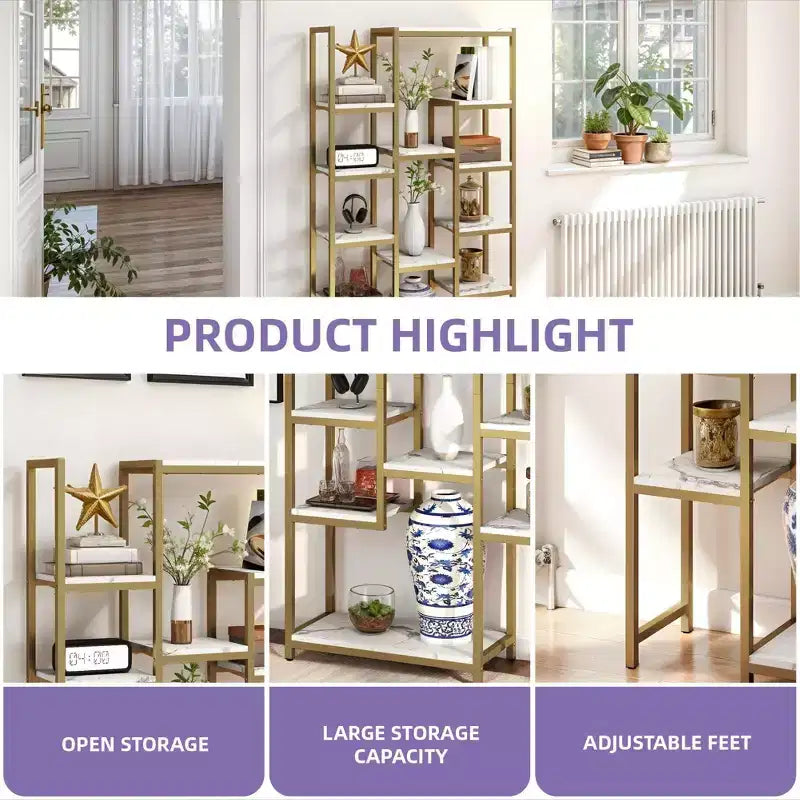 6 Tier Bookshelf Tall Modern Free Standing Bookcase with 12 Shelf Open Display Shelf Storage Book Gold
