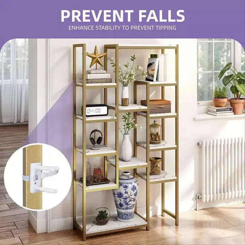 6 Tier Bookshelf Tall Modern Free Standing Bookcase with 12 Shelf Open Display Shelf Storage Book Gold