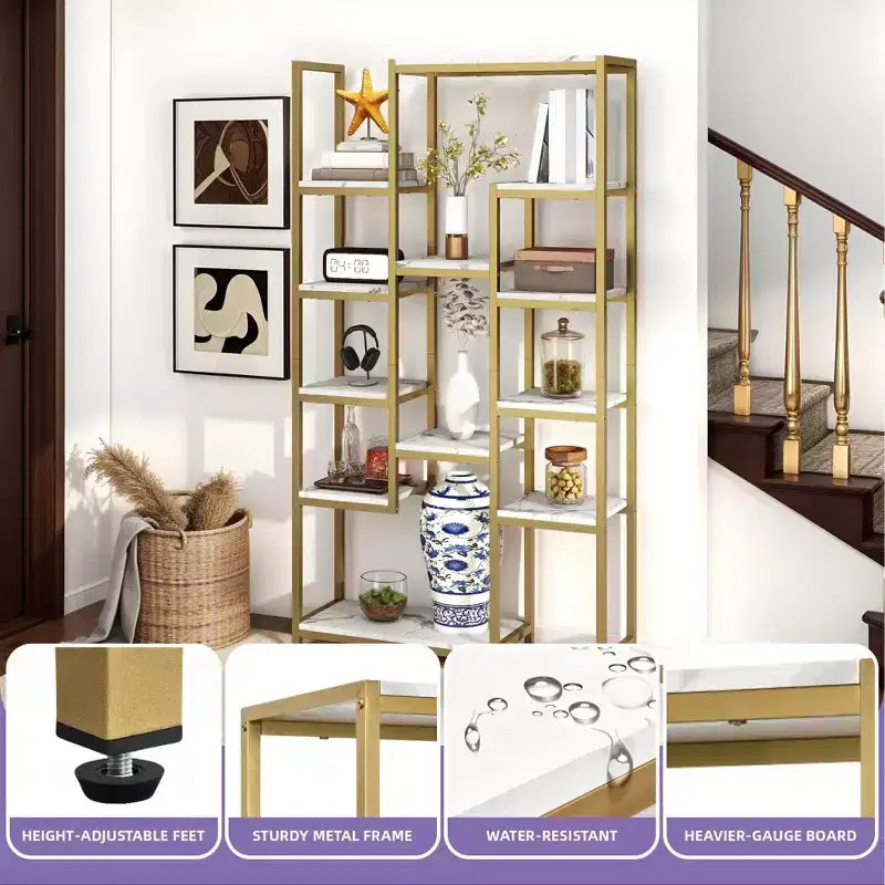 6 Tier Bookshelf Tall Modern Free Standing Bookcase with 12 Shelf Open Display Shelf Storage Book Gold