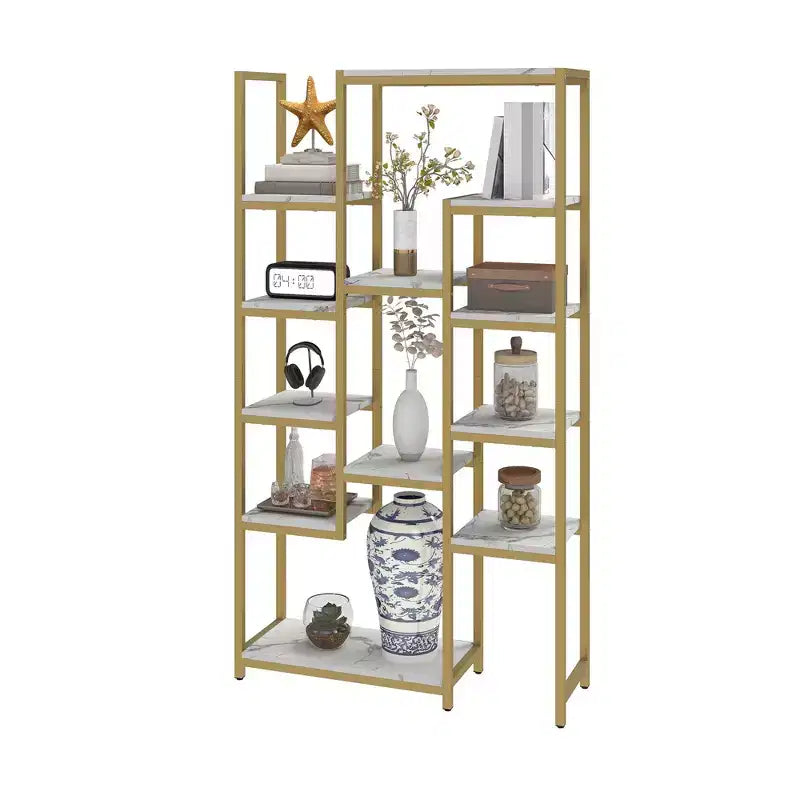 6 Tier Bookshelf Tall Modern Free Standing Bookcase with 12 Shelf Open Display Shelf Storage Book Gold
