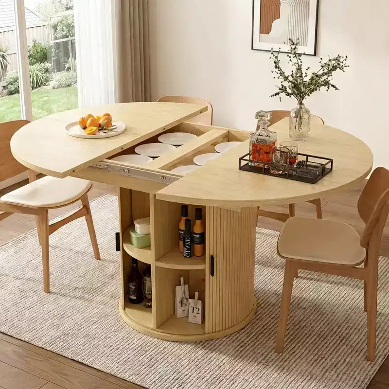 Dyonery 63 Extendable Round Dining Table with 2-Tier Storage Base, Oval-to-Round Expandable Kitchen Table for 46, Walnut