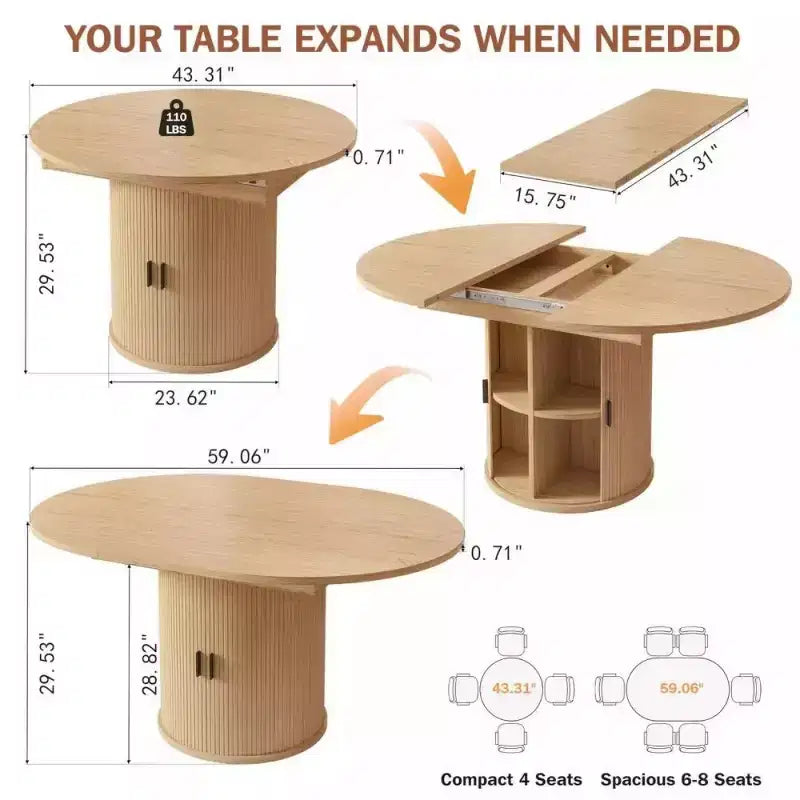 Dyonery 63 Extendable Round Dining Table with 2-Tier Storage Base, Oval-to-Round Expandable Kitchen Table for 46, Walnut